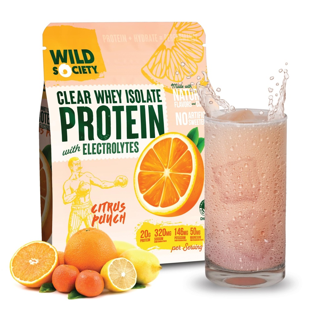 WILD SOCIETY - Clear Whey Protein + Electrolytes - Refreshing Whey Protein Isolate Powder - 20g Protein, 0 Añadido Sugar, GMO-Free, Natural Flavors & Colores - Citrus Punch, 16 oz