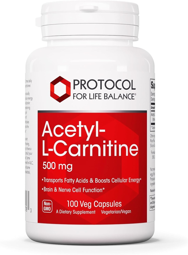 Protocolo Acetyl- L-Carnitine 500mg - Suplemento energético, Nerve y soporte cerebral - 100 caps Veg
