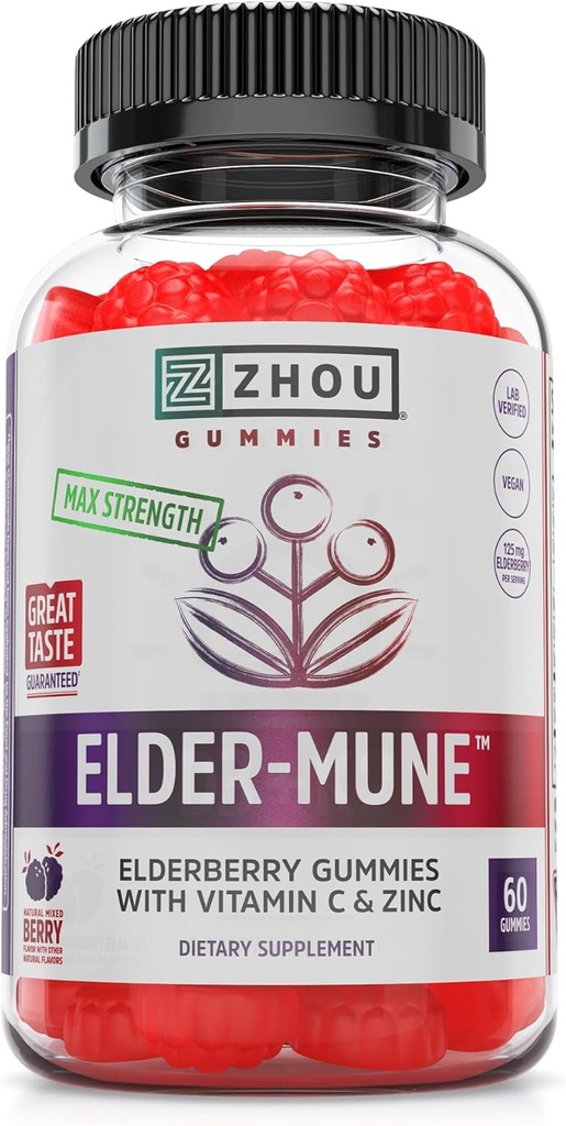 Zhou Elder-Mune Elderberry Gummies - Elderberry Vitamin C and Zinc, Daily Immune Support Supplemenet for Women & Men, Chewable Natural Black Elderberry for Adults & Children 4 & Up - 60 Gummies