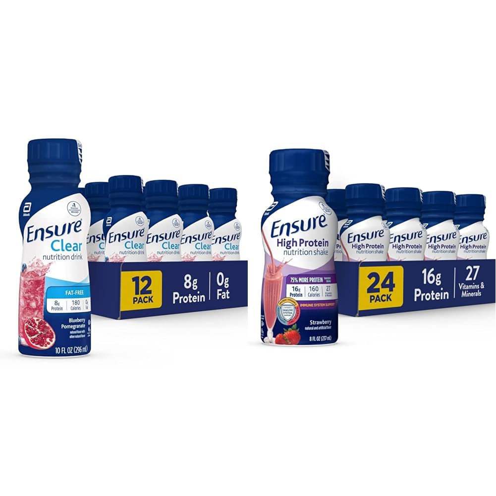 Asegurar la bebida líquida de nutrición clara, grasa 0g, 8g de proteína, granada de arándano, 10 Fl Oz (Pack of 12), botella, sin gluten &amp; Asegurar la afeitada de nutrición de arándano, 24 Pack