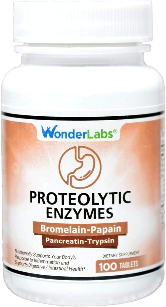 Wonder Laboratories Proteolytic Enzymes ← Bromelain Papain Pancreatin Trypsin 550 mg Total con Amylase, Lipase y Protease, 100 Tablets
