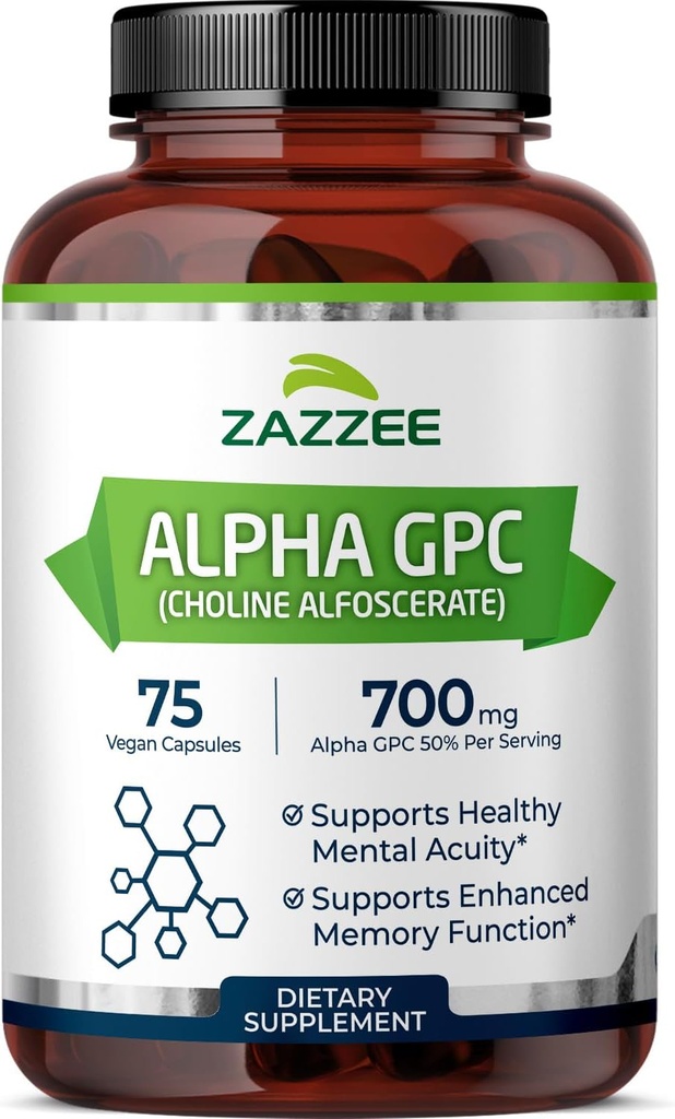 Zazzee Extra Strength Alpha GPC Choline, 700 mg por Serving, 75 capsules Vegan, 100% Grado Farmacéutico Puro, 100% Vegetariano, Estándarizado para Potency and Purity, All-Natural and Non-GMO