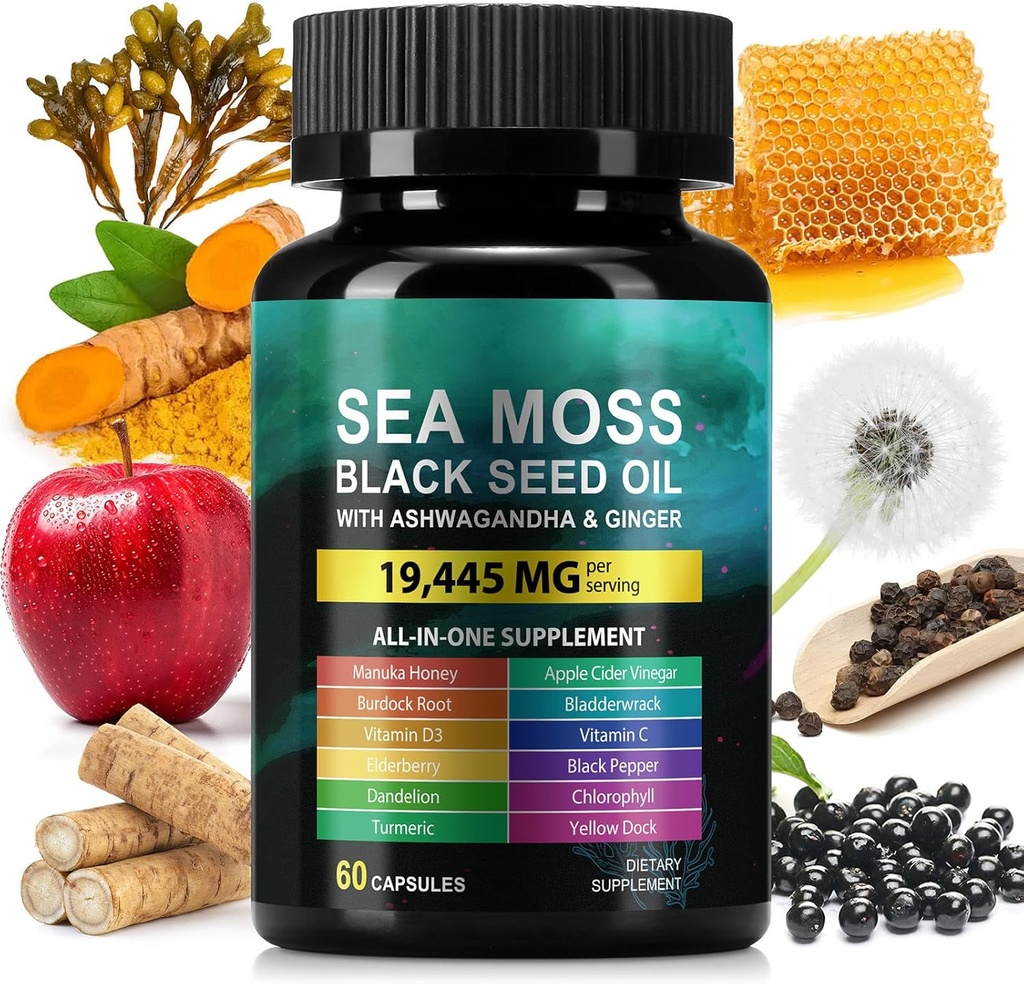 Sea Moss 3000mg Black Seed Oil Capsules 2000mg Ashwagandha Suplementos 1000mg Bladderwrack Burdock Turmérico &amp; Vitamin C &amp; D3 Manuk Honey Dandelion Yellow Dock Chlorophyll ACV