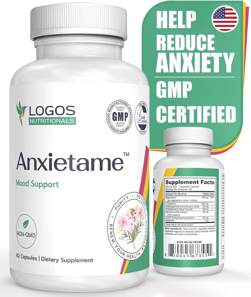 Anxietame - 60 Conde, L-Theanine Suplemento de Apoyo a la Depresión y el Estrés, Apoyo al Modo Natural y Suplemento de Ayuda al Sueño