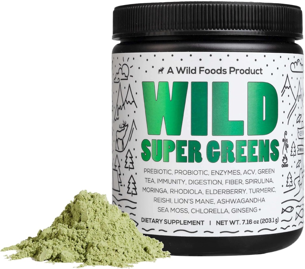 Alimentos silvestres Super Verdes Polvo Bebida de Jugo diario con Probióticos y Enzima Digestiva Blend - Alimento completo Fuentes, 46 Nutrientes de base vegetal, No GMO, Spirulina, Clorella, Wheatgrass (30 Servimientos)
