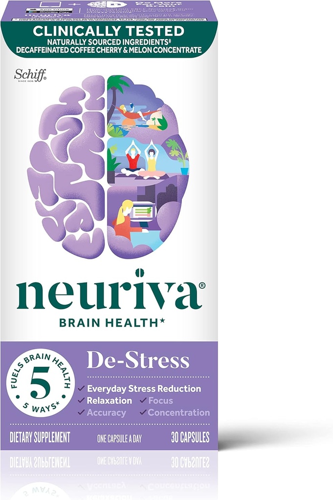 NEURIVA Destress Brain Supplement for Focus, Concentration " Accuracy with L-Theanine for Relaxation " Everyday Stress Reduction and Melon Concentrate to Help Fight Oxidative Stress, 30ct Capsules
