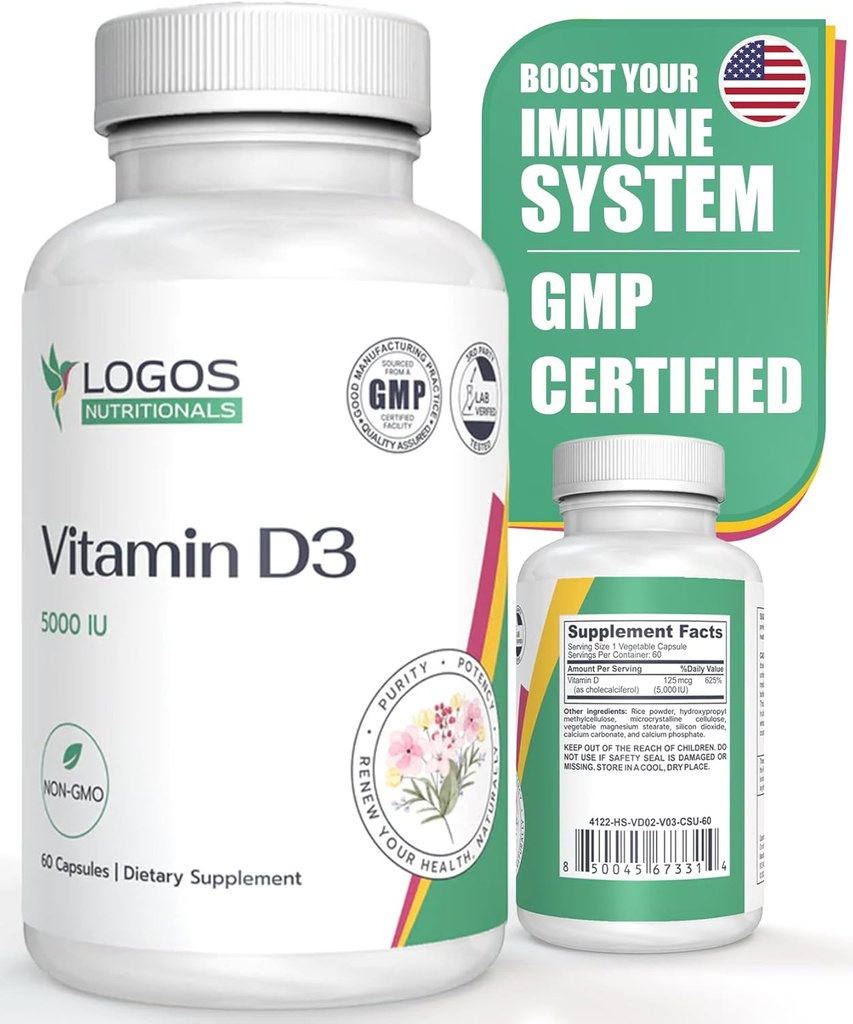 Suplemento de vitamina D3 - Vitamina D-5000 UI - Soporte Huesos saludables, dientes, músculos, función cardiovascular e inmunológica - libre de lácteos, libre de soja - 60 cápsulas