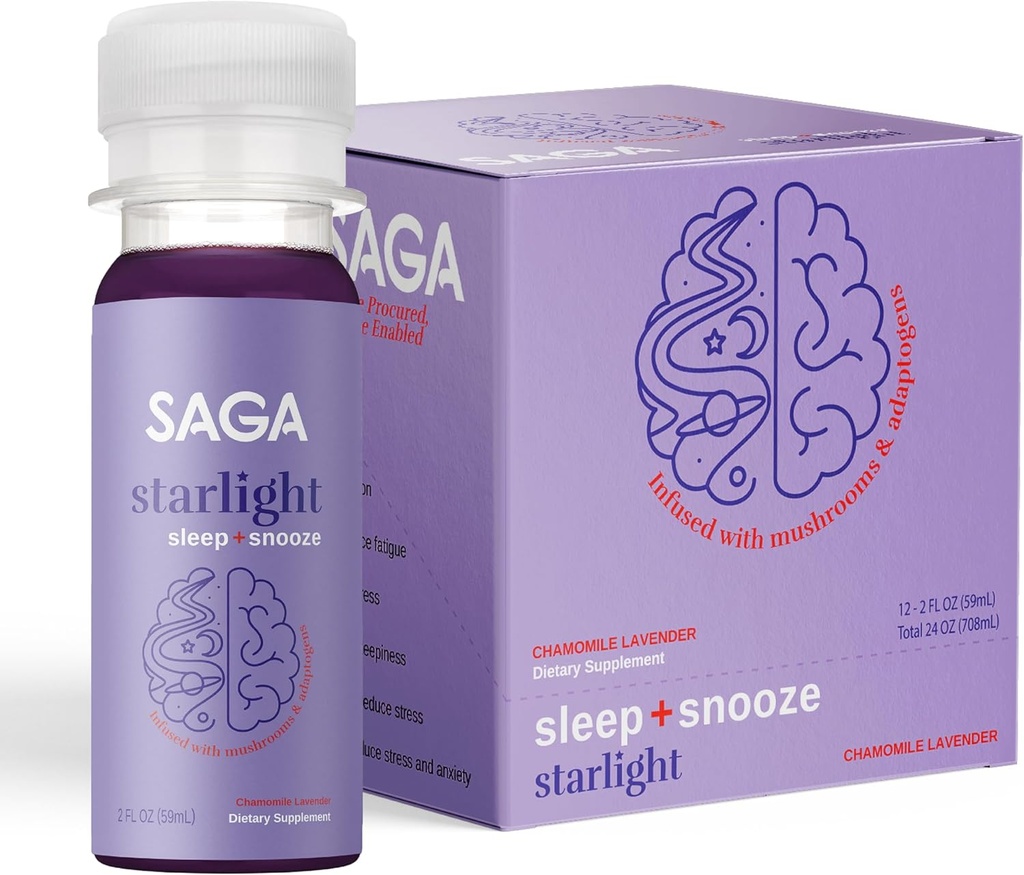 Zapatos de sueño orgánicos SAGA Starlight – Asistencia natural para dormir con Melatonina, Reishi, Valerian Root, Ashwagandha, Chamomile – Sin azúcar, Vegan, Zero Calories, Apoyo al sueño basado en plantas, Tamaño del viaje (2 Oz)