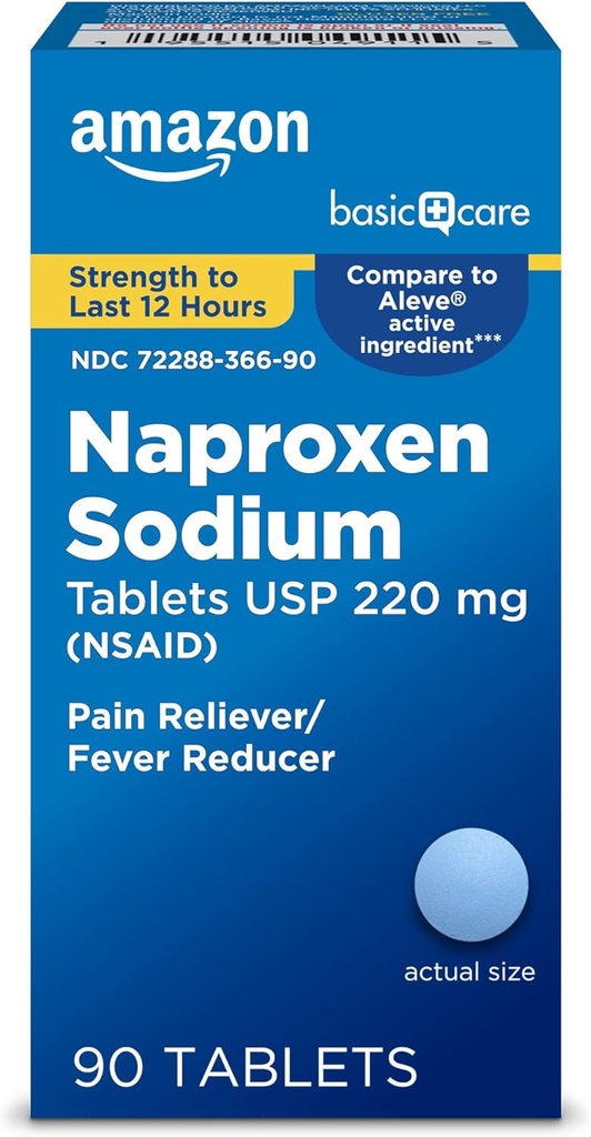Cuidado básico Naproxen Sodium Caplets 220 mg, 12-Hour Fever Reducer (NSAID) y Dolor para dolores musculares, Dolor de cabeza, Dolor de cabeza, Dolor de estómago, Artritis menor, 90 Conde (envasado puede variar)