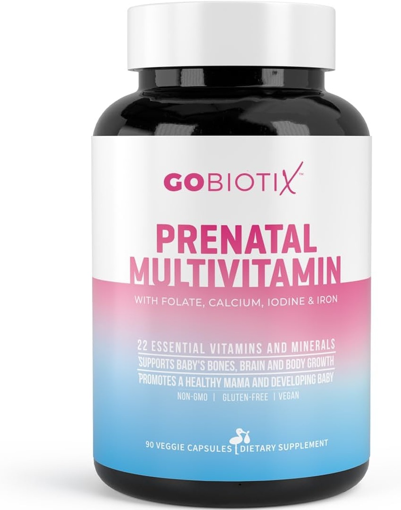 GOBIOTIX Prenatal Vitaminas para Mujeres - Multivitamínico con Hierro, Calcio, Vitamina D2, C, Zinc &amp; Folic Acid for Pregnancy - Pre y Postpartum Essentials - Non-GMO - 90 Capsules
