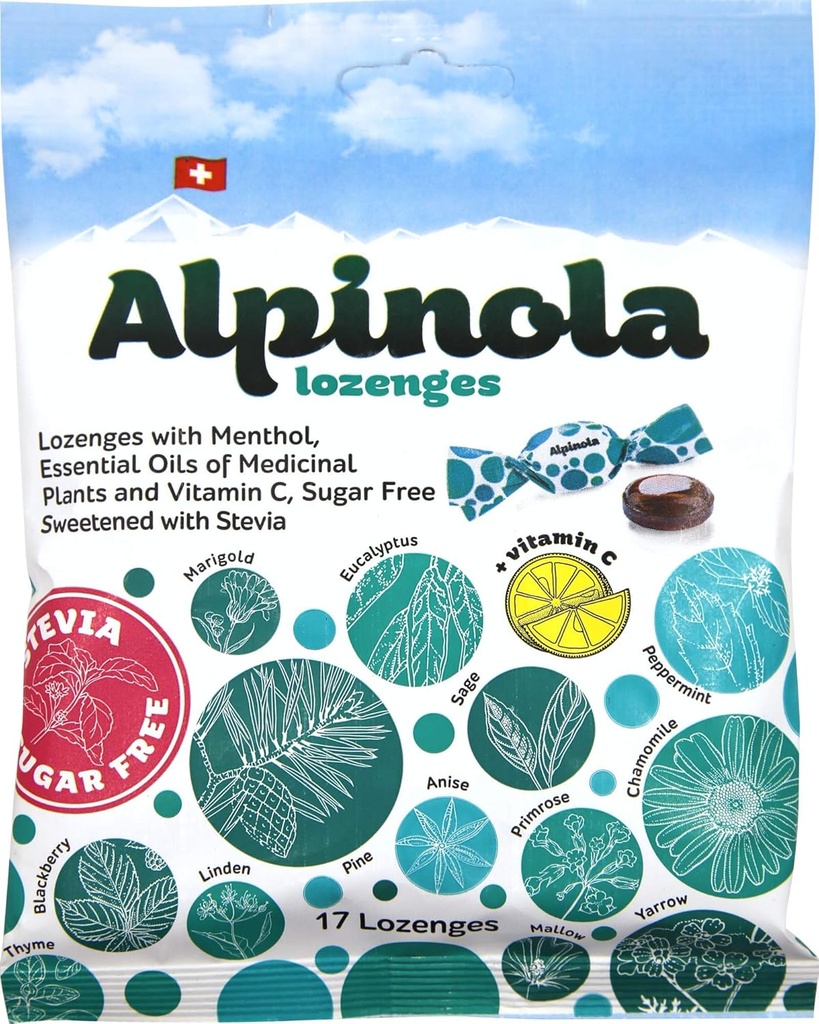 Alpinola Lozenges, Menthol, 20 hierbas y vitamina C, Sugar Free Stevia, 17 Conde
