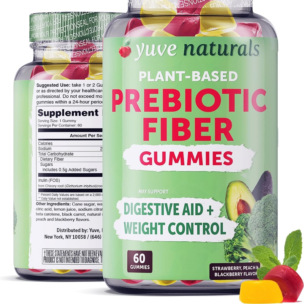 Yuve Prebiotic Fiber Gummies - Delicious - 3g Soluble Fiber Supplement - Supports Digestive Health & Regularity - Vegan &amp; Gluten-Free Fiber Gummies for Adults &amp; Kids - Non-GMO & Low Sugar - 60 Count