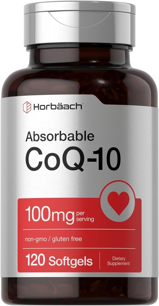 Horbäach CoQ10 100mg Softgels Silencio 120 Cuenta ← No GMO y Gluten Suplemento gratuito