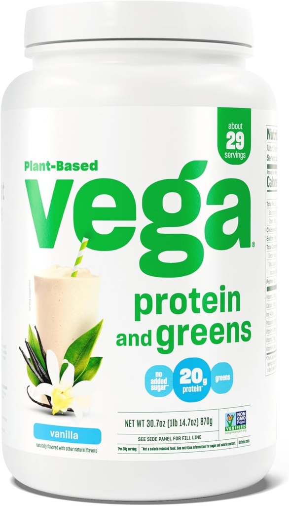 Vega Proteínas y Verdes Polvo Proteína, Vainilla - 20g Veggies Protein Plus, Vegan, No GMO, Pea Protein para Mujeres y Hombres, 1.9lbs