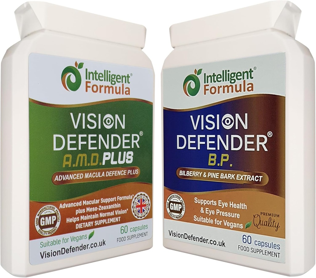 Vision Defender A.M.D. Plus &amp; BP Eye Care Bundle – Advanced Eye Supplements with AREDS2 (Lutein, Zeaxanthin, Vitamin C &amp; E, Copper, Zinc), Plus Meso-Zeaxanthin, Bilberry, Pine Bark. Made in UK