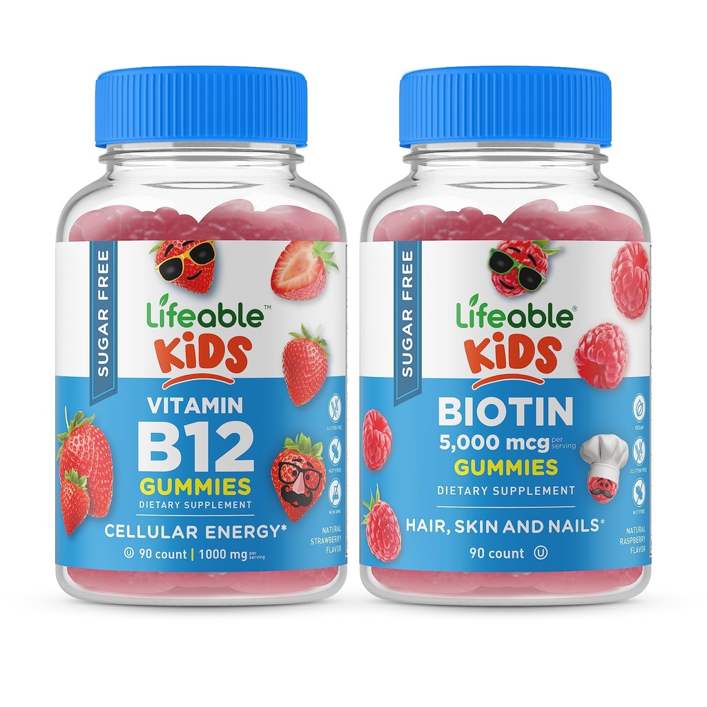 Lifeable Sugar Free Vitamin B12 Kids + Preciostic Fiber Kids, Gummies Bundle - Great Tasting, Vitamin Supplement, Gluten Free, GMO Free, Chewable Gummy