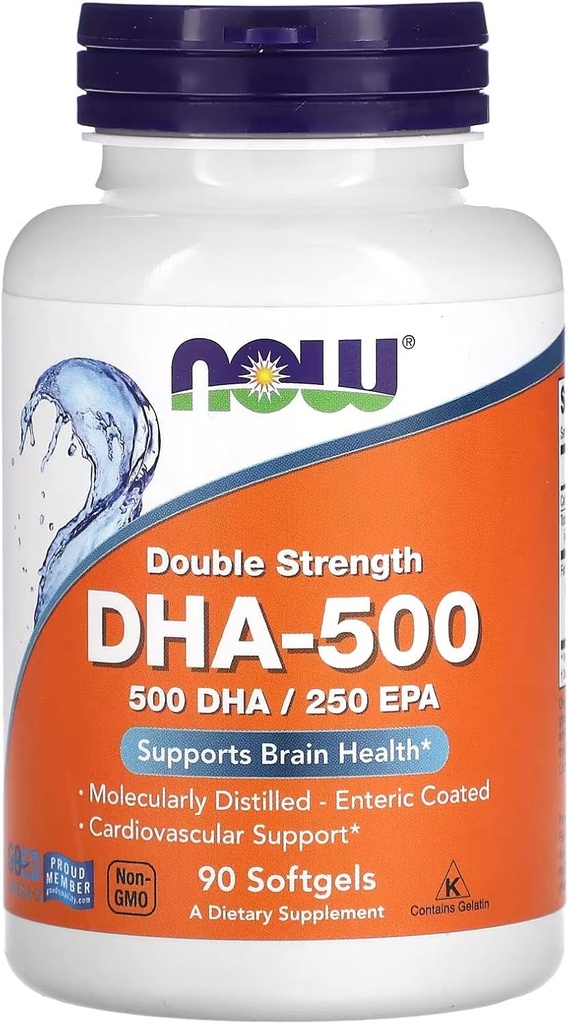 NOW Foods Supplements, DHA-500 with 250 EPA, Molecularly Distilled, Supports Brain Health*, 90 Softgels