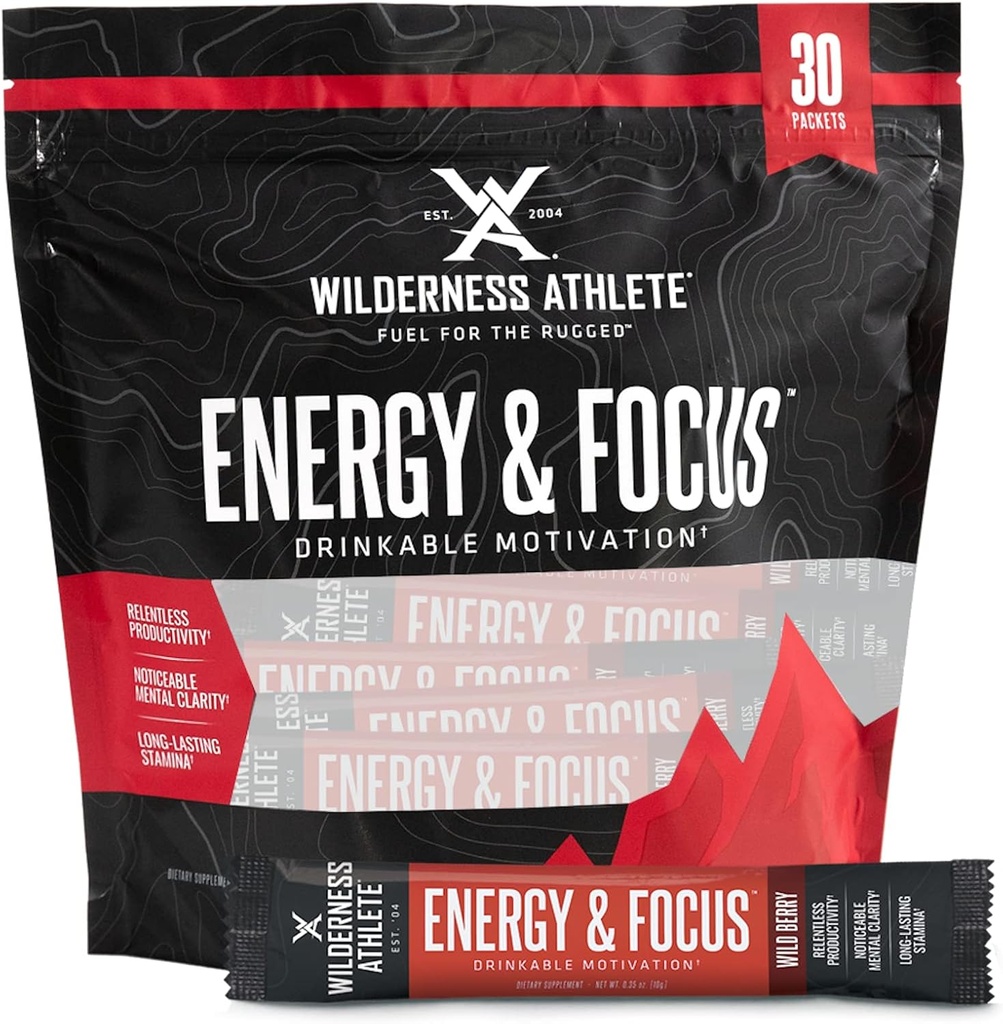 Wilderness Athlete - Energy & Focus TENER Energy Booster for Women &amp; Hombre - Energy Drink Mix with Natural Caffeine - Low-Carb, Zero Sugar Energy Drink Powder - 30 Serving Energy Drink Packets (Wild Berry)