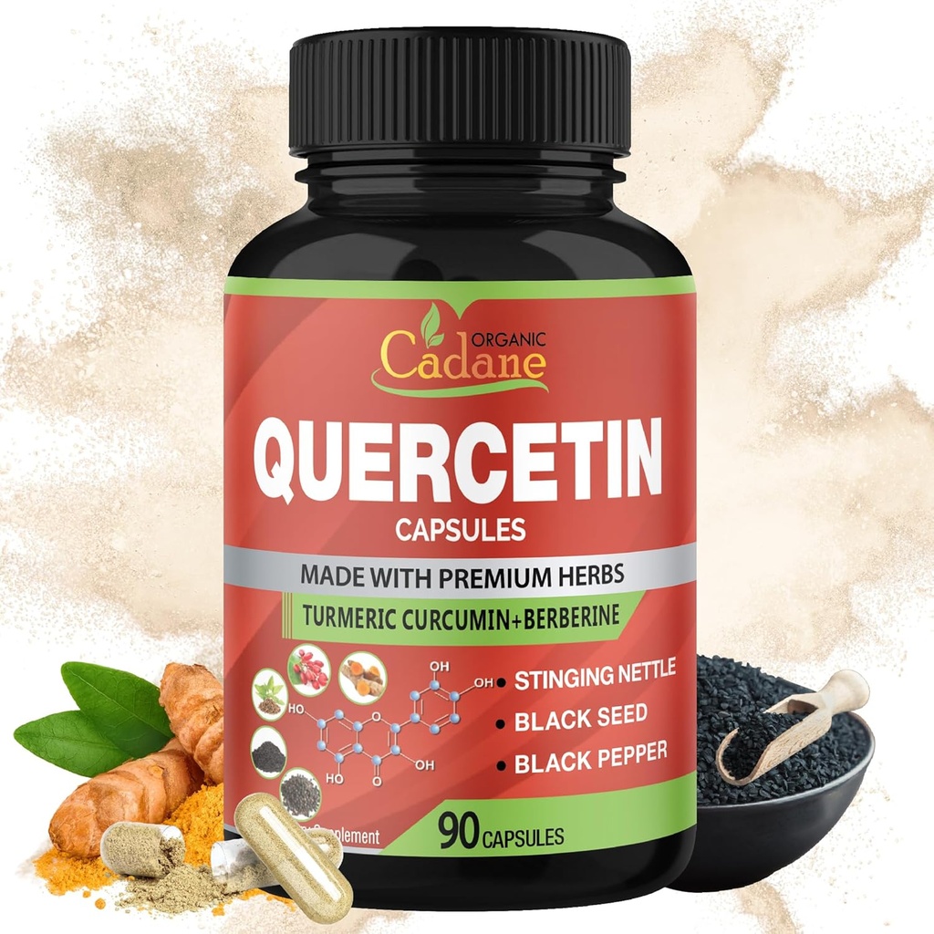 Orgánica Cadane Quercetin Extracto Capsules, 90capsules, 3 Meses Suministro con Quercetin, Turmeric Curcumin, Berberine, Nettle, Black Seed Powder, Black Pepper.