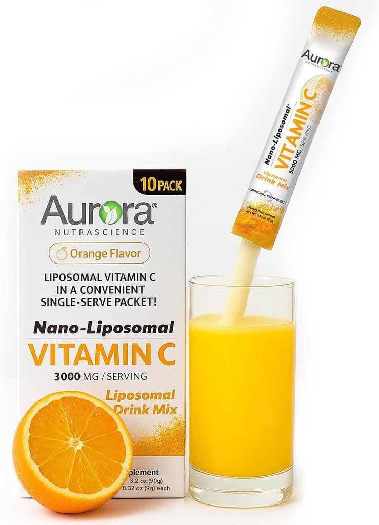 Aurora Nutraciencia Nano-Pack Liposomal Vitamina C Powder Drink Mix, Immune Support, High Strength 3000 mg Por Serving 10 Single Serve Packets, Orange
