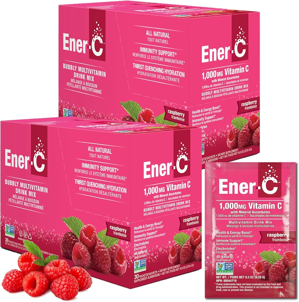 Mezcla de bebidas multivitamínicas ener-C - Packets de vitaminas para agua, paquetes de pólvora de electrolitos, mezcla de vitaminas, mezcla de líquido de hidratación, boóster inmune para adultos, energía sana - frambuesa, 60 cuenta