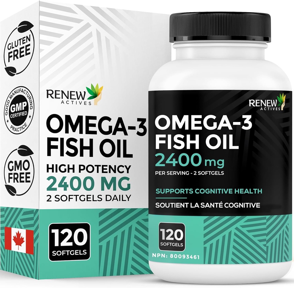 Renew Actives Omega-3 Fish Oil 2400MG per 2 Softgels - 720MG EPA & DHA - Supports Heart, Brain, Eye Health, " Triglyceride Reduction - No Fishy Aftertaste - Made in Canada - 120 Softgels