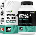 Renew Actives Omega-3 Fish Oil 2400MG per 2 Softgels - 720MG EPA & DHA - Supports Heart, Brain, Eye Health, & Triglyceride Reduction - No Fishy Aftertaste - Made in Canada - 120 Softgels
