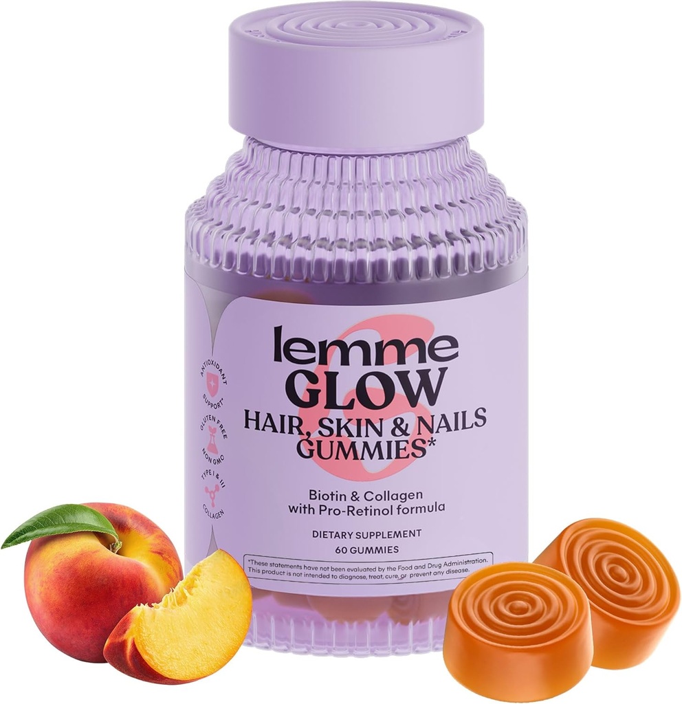 Lemme Glow Collagen Gummies for Thick Hair, Strong Nails & Healthy Skin with Multi-Collagen Peptides, Biotin, Trace Minerals, Zinc, Vitamins A, C &amp; E, Dairy & Gluten Free, Peach Flavor, 60 ct.