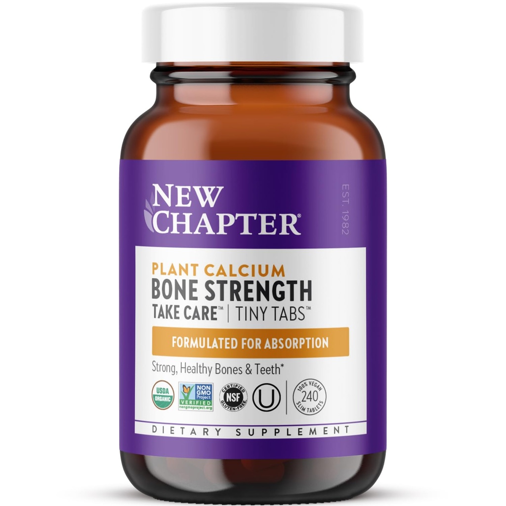 Nuevo capítulo Suplemento de calcio - Bone Strength Tiny Tabs Calcio orgánico con magnesio, vitamina D3+K2, 70+ Trace Minerals for Bone Health, Gluten Free, Easy to Swallow - 240 ct