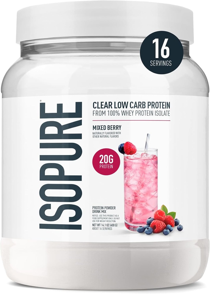 Isopure Clear Whey Isolate Protein Powder, Lactose Free, Gluten Free, Naturally Flavored, Mixed Berry, 20g Protein Por Serving, 14.1 Oz, 16 Servings (Packaging May Vary)