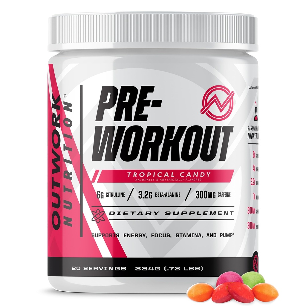 Outwork Nutrition Preworkout for Men &amp; Women - Nootropic Pre Workout Without Creatine, Pre-Workout Powder with Taurine Rhodiola Citrulline Malate Beta Alanine Caffeine (Tropical Candy)