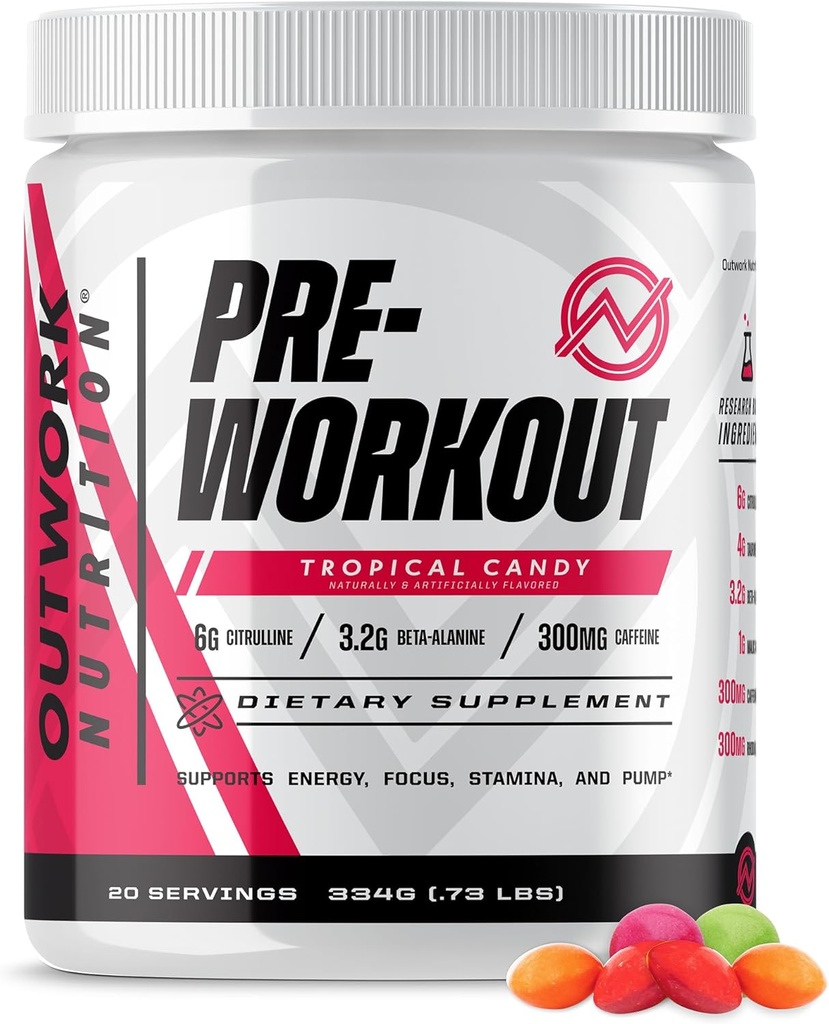 Outwork Nutrition Preworkout for Men &amp; Women - Nootropic Pre Workout Without Creatine, Pre-Workout Powder with Taurine Rhodiola Citrulline Malate Beta Alanine Caffeine (Tropical Candy)