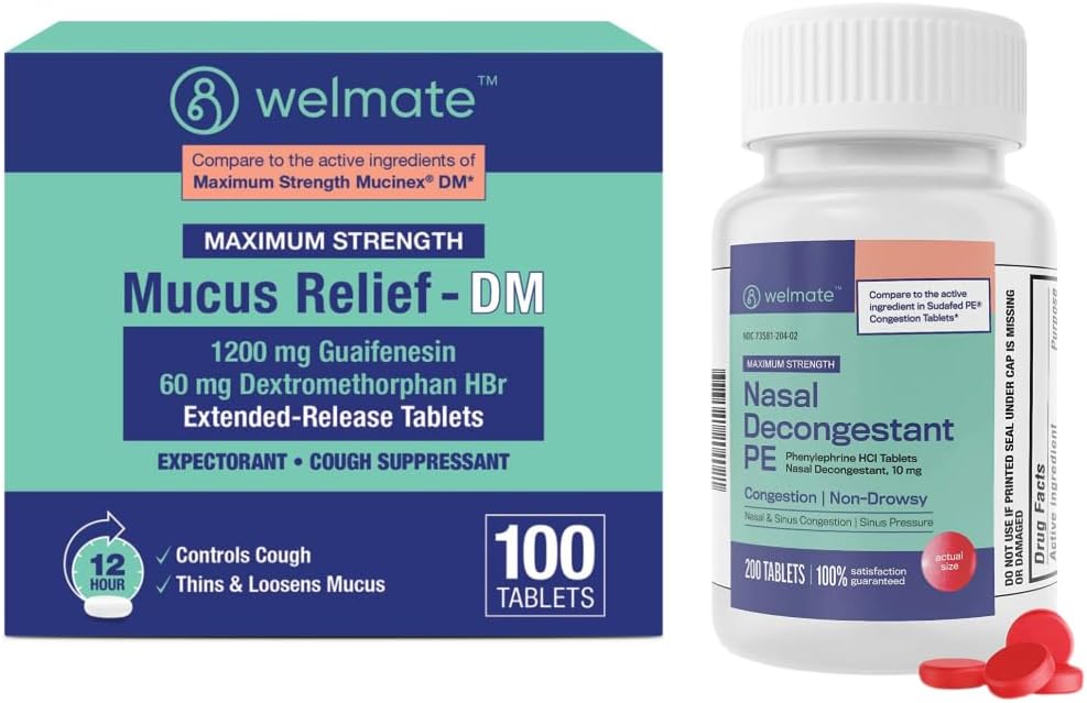 Kit completo de alivio de la alergia: máxima fuerza Nasal Decongestant PE (200 Tablets) & Mucus Relief DM 1200mg Guaifenesin/60mg DXM (100 Ct) - Sinus, Tos y Alivio de Congestión