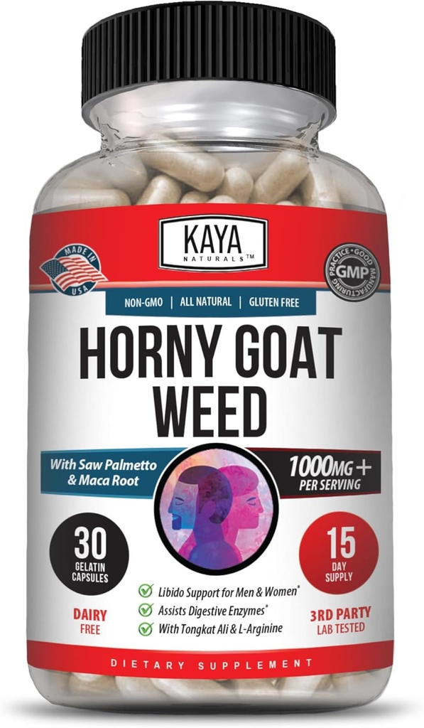 Kaya Naturals Horny Goat Weed for Hombres y Mujeres - 1560mg Complejo con Maca, Saw Palmetto, Ginseng, Arginine Vitamin Supplement - Horny Goat Weed - 30 Cuenta