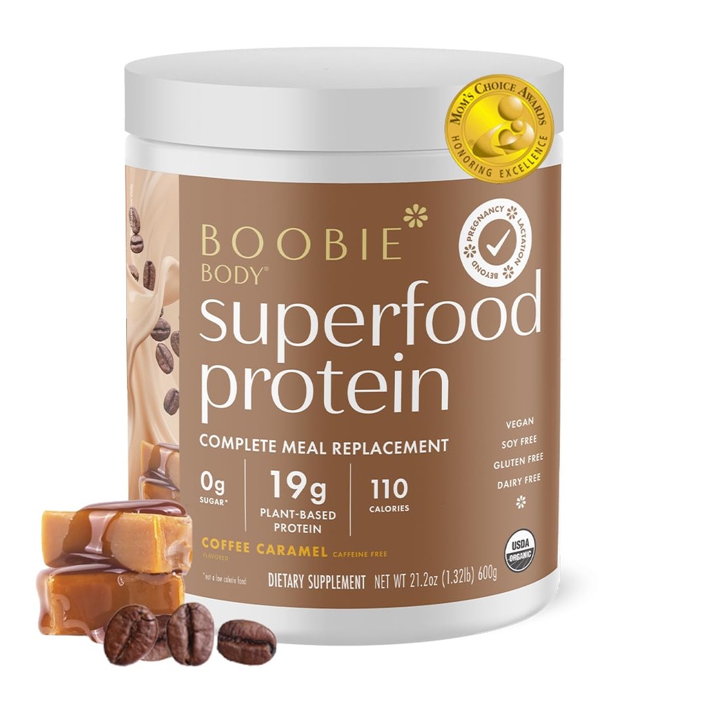 Boobie Body Superfood Protein Pregnancy and Postpartum Meal Replacement Shake, Coffee Caramel Flavor  19g Protein ← Seguro para la lactancia y la maternidad ← Orgánica, Vegan, Zero Sugar, 1 Tub (20 Servings)