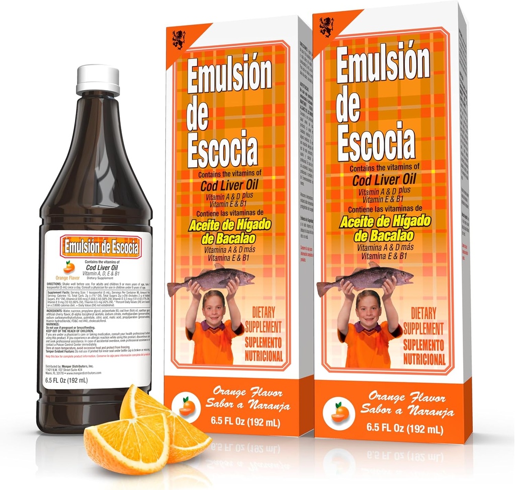 Emulsión de Escocia Cod Liver Oil Complex with Vitamins A, D, E, B1 - Natural Orange Flavor Dietary Supplement for Immune Support &amp; Bone Health - Essential Omega 3 Fish Oil - 6.5 oz (2-Pack)