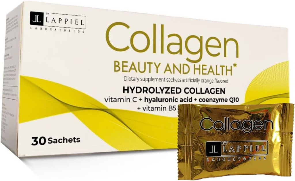 Péptidos de colágeno hidrolizado 30 paquetes de polvo con vitamina C (1000 mg) & ácido hialurónico, que soporta el cabello, la piel, las uñas " juntas, sabor a naranja, 30 piezas