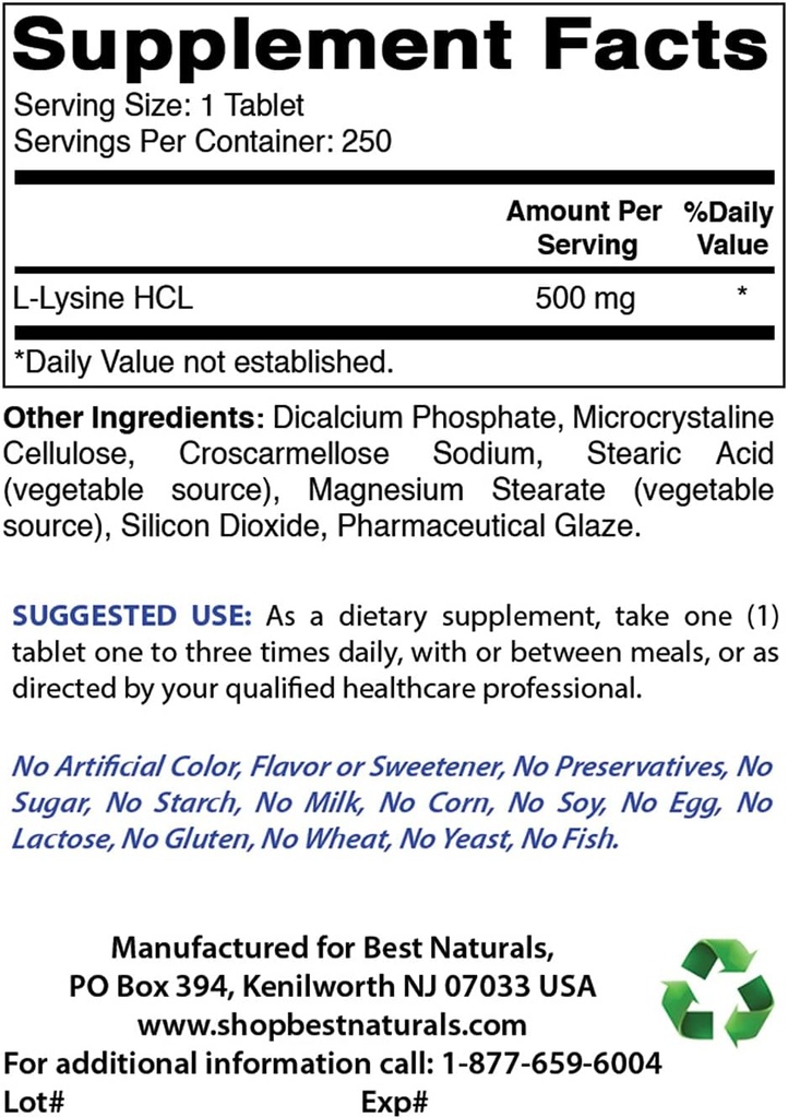 Mejores Naturales L-Lysine 500 mg &amp; Vitamina C 1000 mg
