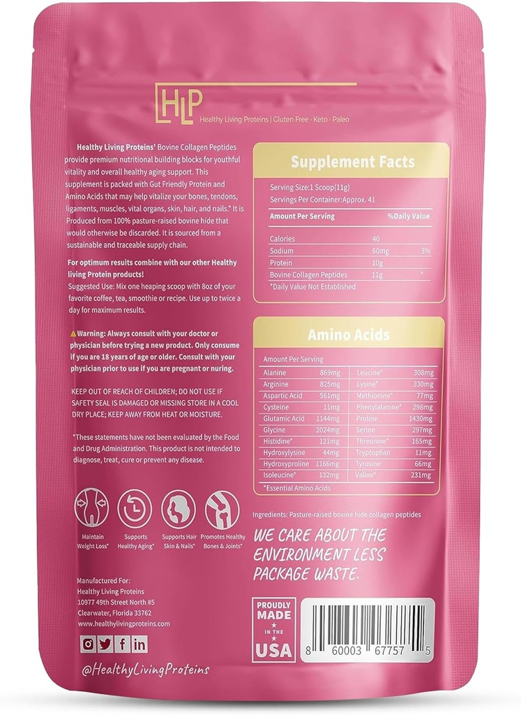 Proteínas vivas saludables - Colágeno de proteína hidrolizada Tipo I & III - Polvo de colágeno desarmado - Peptides de Bovino Raído de Grasa, Peptidos de Bovino Raído - Keto & Paleo, Gluten Free (10 oz (Pack of 1)
