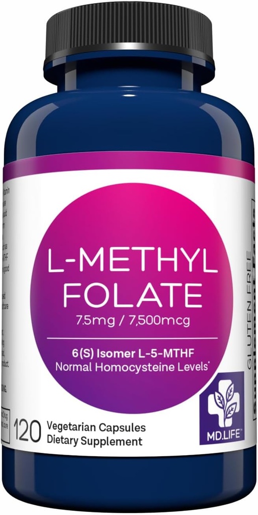 MD Life L-Methylfolate 7.5 mg Suplemento - Professional-Grade Active L Methylfolate Suplemento - 120 cápsulas - L-Methylfolate 7.5mg - Maximum Potency MTHFR W/Essential Amino Acids