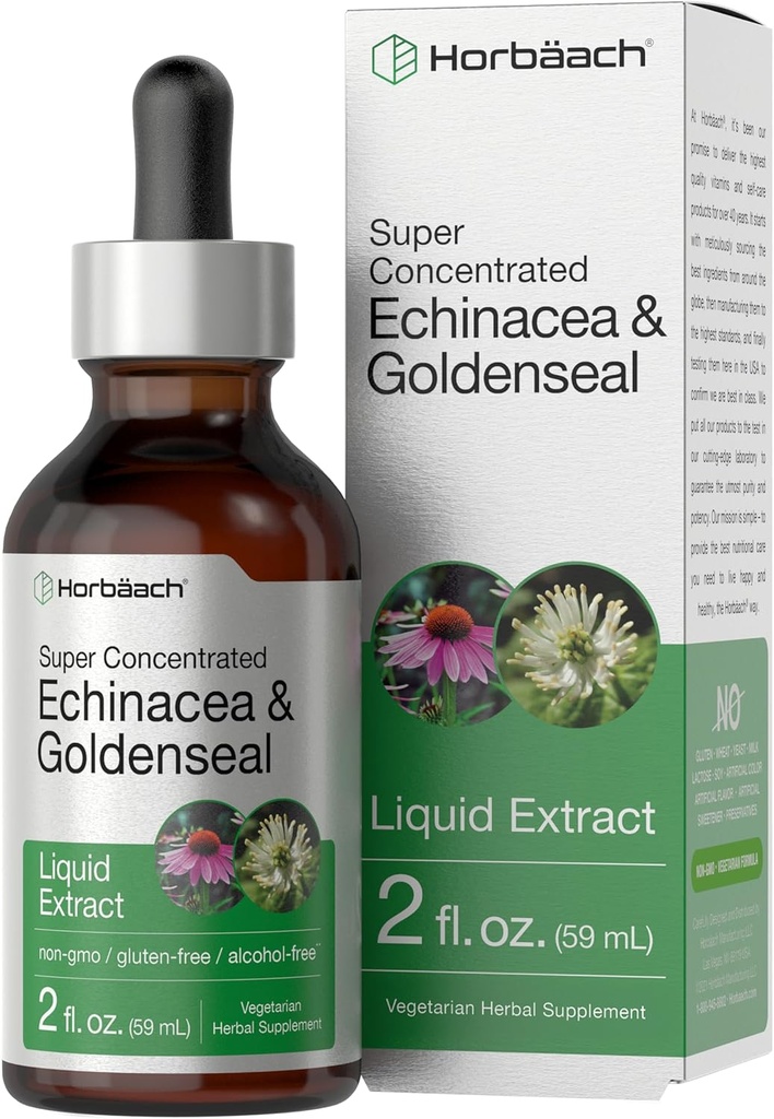 Horbäach Echinacea Goldenseal Liquid Tincture Drops  2 fl oz ← Alcohol Free Extract ← Vegetarian, Non-GMO, Gluten Free Supplement