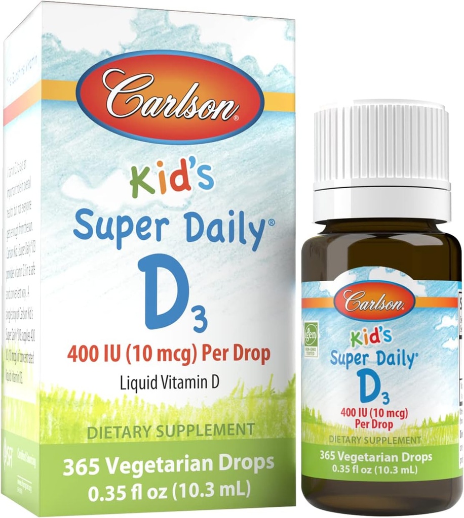 Carlson - Super Daily D3, Kids Vitamin D Drops, 400 UI (10 mcg) por gota, Heart Health, Immune Support, Vegetarian, Liquid Vitamin D Drops, Unflavored, 365 Drops