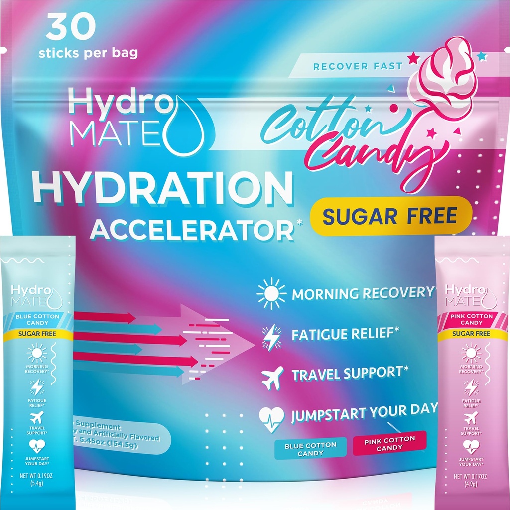 HydroMATE Electrolytes Powder No Sugar Cotton Candy - 30 Cuenta Instant Hydration Packets with Vitamin C to Boost Energy - Sugar Free Electrolytes to Support Hydration on Keto Diet " Party Recovery