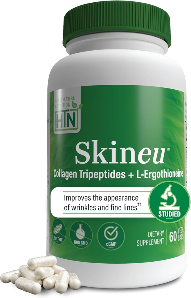 Skineu Collagen Tripeptide + L-Ergothioneine  tolera Advanced Anti-Aging Formula  Morikol® Marine Collagen ← Soporta la hidratación de la piel, elasticidad " Joint Health TEN Non-Gluten-Free TEN 60 VegeCapsules