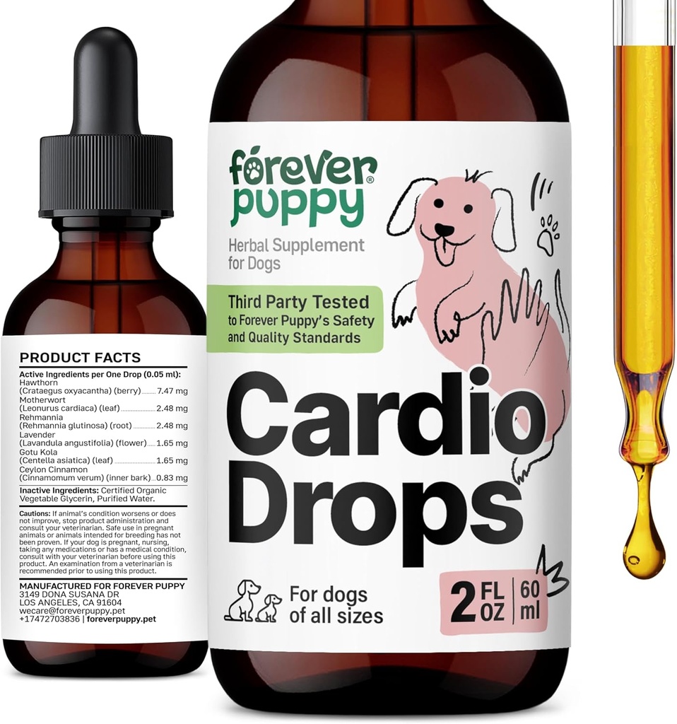 Forever Puppy Cardio Drops for Dogs - Hawthorn Berry & Motherwort Herb - Liquid Antioxidant Suplemento con Gotu Kola Leaves & Lavender Extract - 2 fl oz
