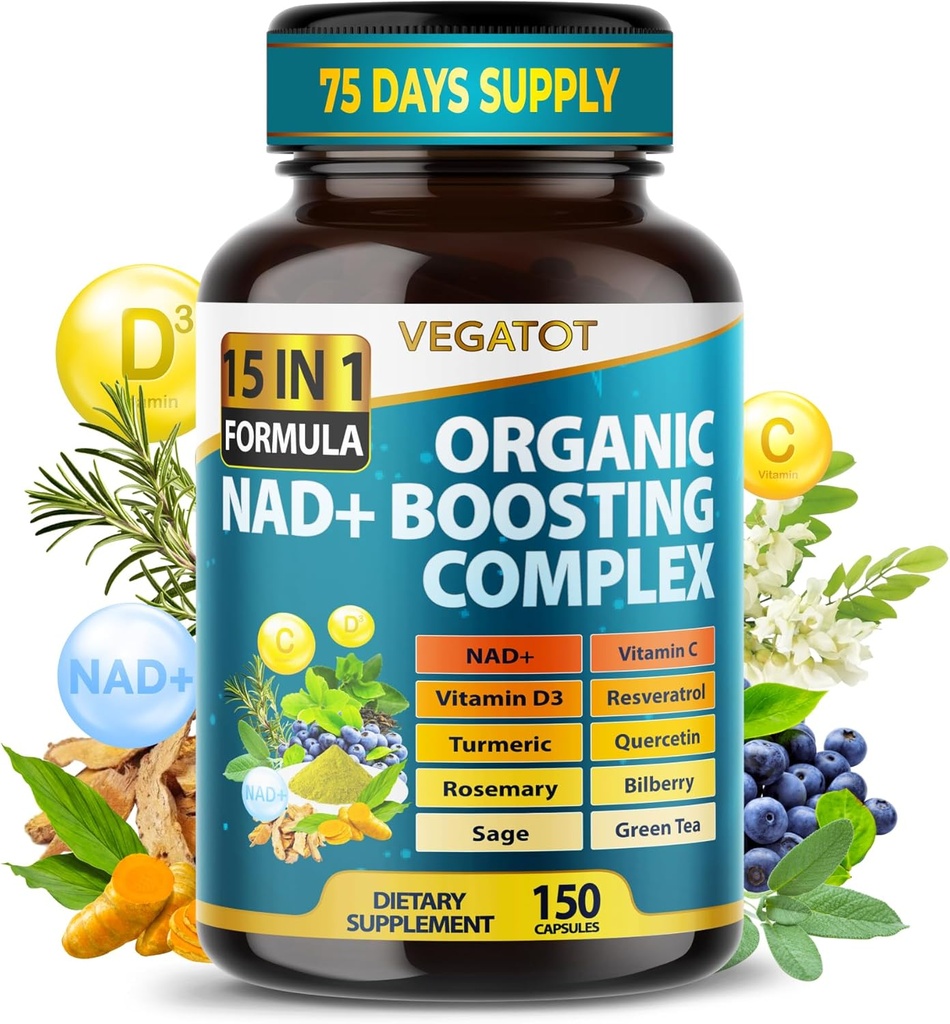 VEGATOT NAD+ Complejo de Boosting - Suplementos NAD para Mujeres &amp; Hombres 15 en-1 Fórmula con Resveratrol Turmeric Quercetin Rosemary Bilberry Sage Green Tea