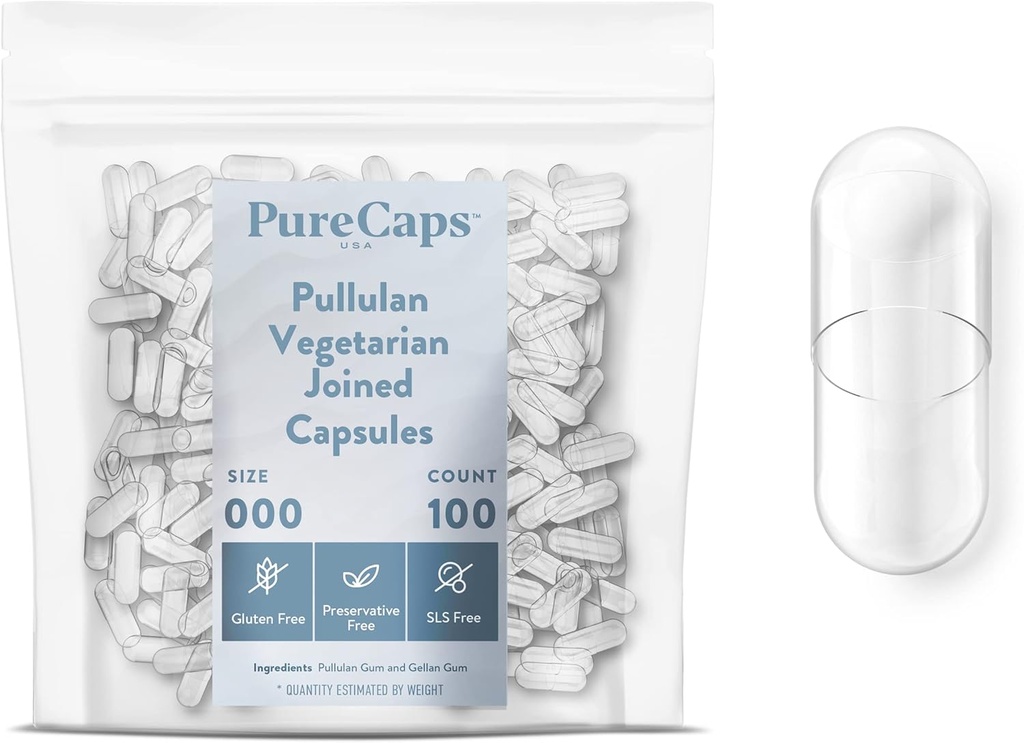 PureCaps USA - Empty Vegetarian Vegan Pullulan Pill Capsules Size 000 | 1,000 Joined Pills| Clear| Non-GMO Certified | SLS, Gluten, Preservative Free