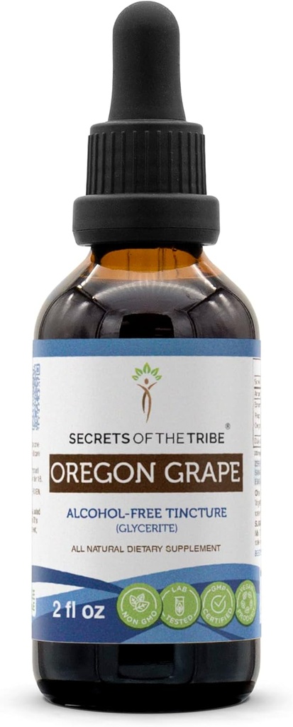 Secrets of the Tribe Oregon Grape Alcohol-Free Liquid Extract, Responsibly farmed Oregon Grape (Mahonia acufolium) Dried Root (2 FL OZ)