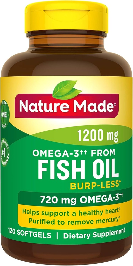 Aceite de pescado de Burp-Less 1200 mg Uno por día, 120 Softgels, aceite de pescado Omega 3 suplemento para la salud cardíaca