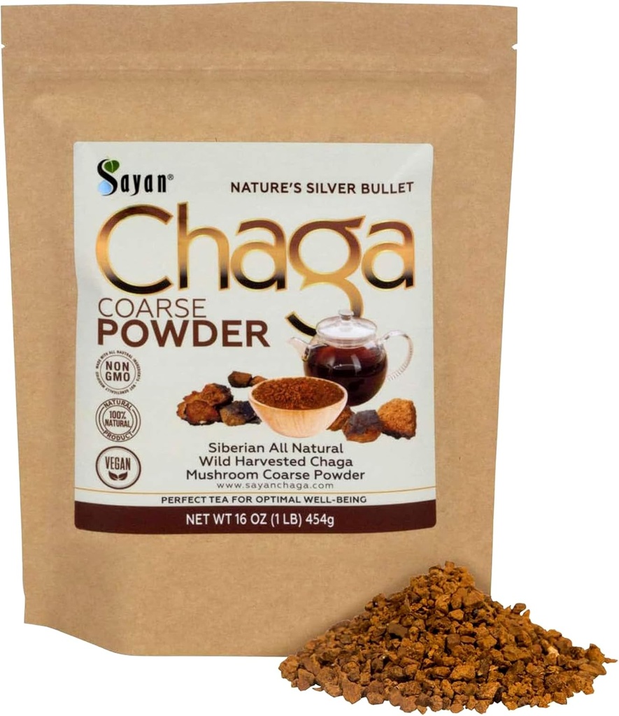 Sayan Siberian Pure Raw Coarse Chaga Powder 1lb / 454g – Premium Wild Forest Harvested Super Antioxidant Tea – Soporta el Sistema Inmunitario y la Salud Digestiva – Focus, Energy, Clarity, Wellness - Non-GMO